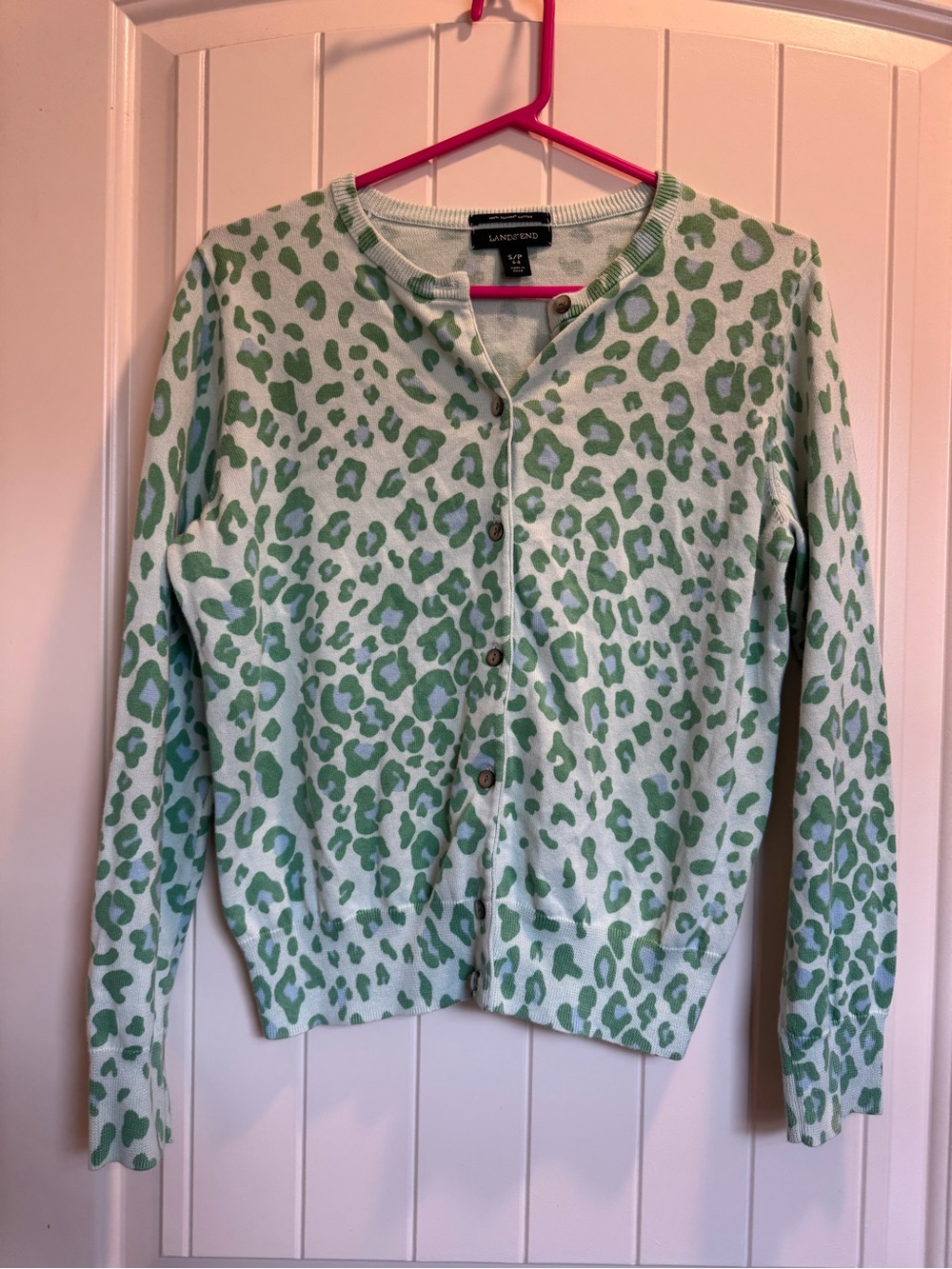 Lands' End Green Leopard Print Cardigan